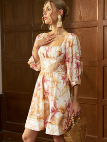 Tropical Print Puff Sleeve Mini Dress - Social Queen