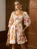 Tropical Print Puff Sleeve Mini Dress - Social Queen