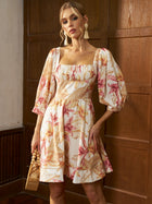Tropical Print Puff Sleeve Mini Dress - Social Queen