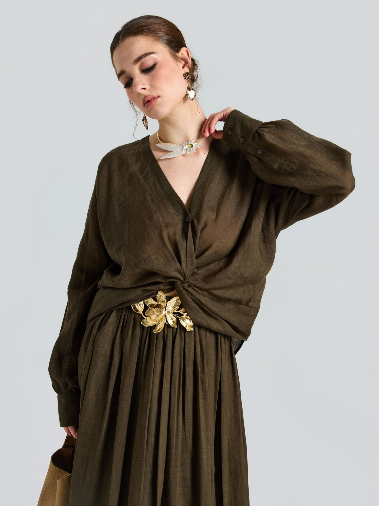 Twist-Front Ramie Shirt - Social Queen