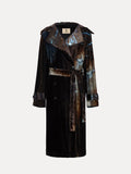 The Social Queen Velvet Gradient Tie-Waist Trench Coat features a double-breasted design, tie belt, and dark brown, blue, and black abstract gradient pattern, shown on a plain white background.