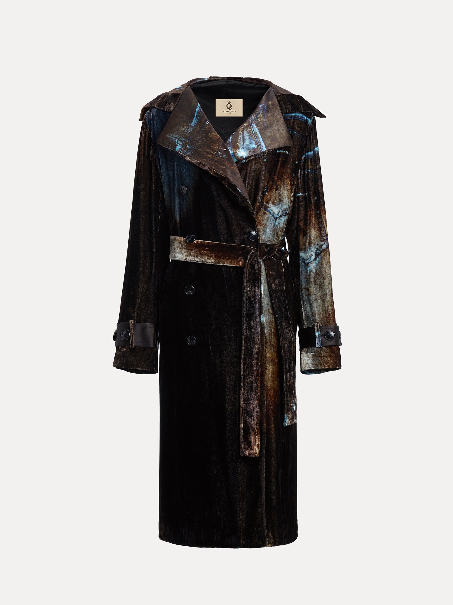 The Social Queen Velvet Gradient Tie-Waist Trench Coat features a double-breasted design, tie belt, and dark brown, blue, and black abstract gradient pattern, shown on a plain white background.