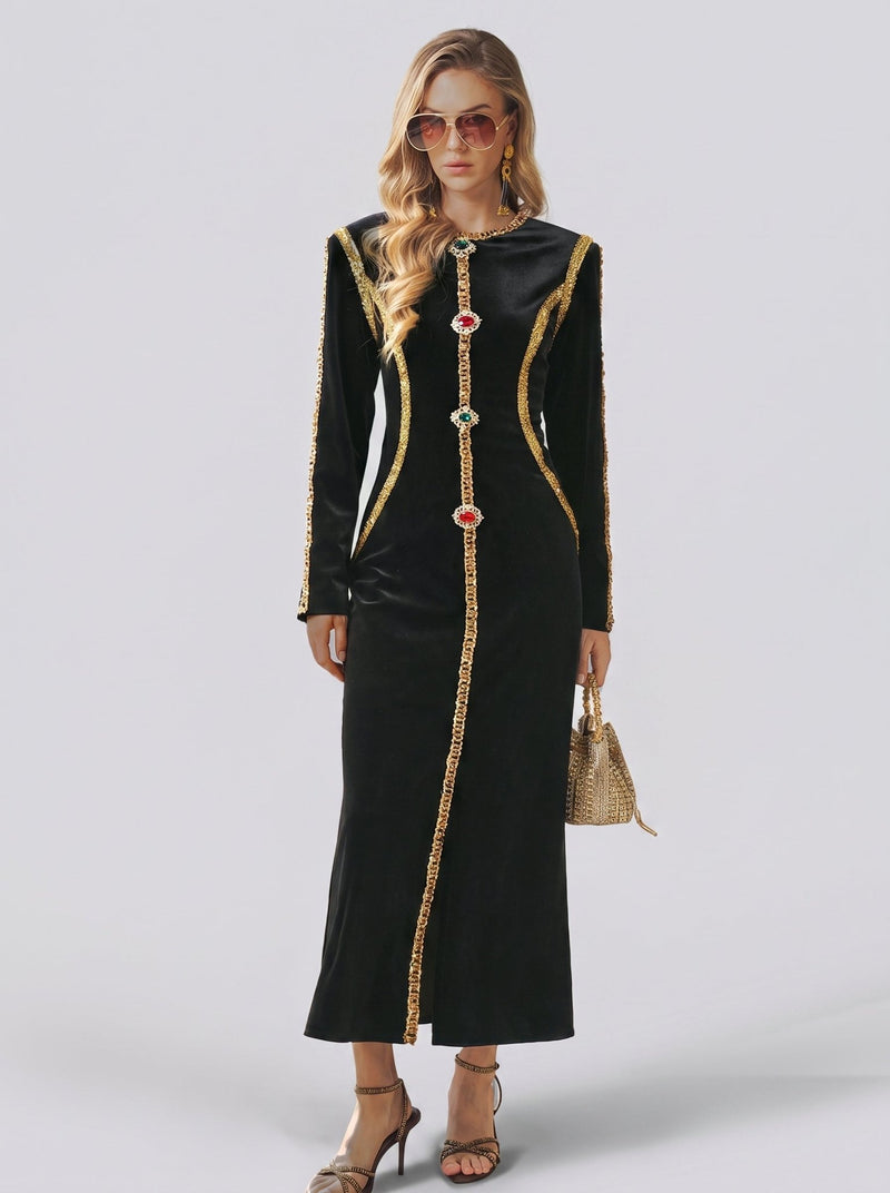 Velvet Jewel-Trim Dress - Social Queen