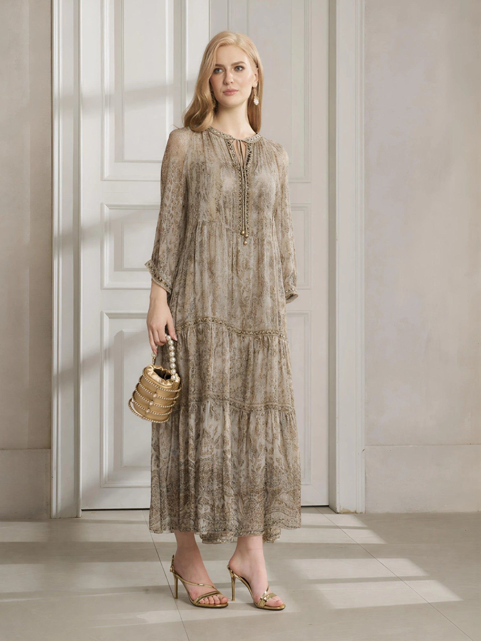 Vintage Palatial Print Tiered Silk Dress - Social Queen