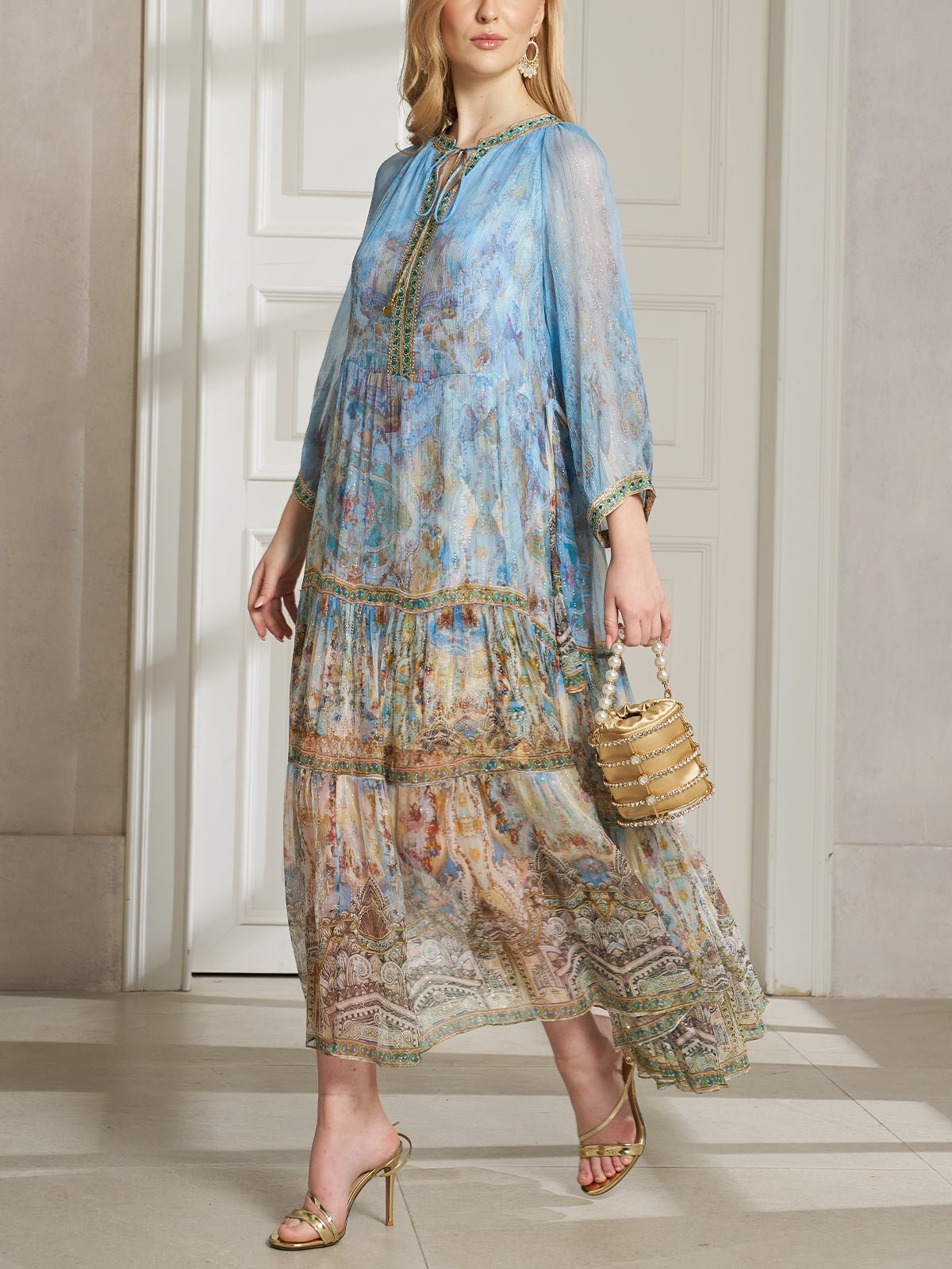 Vintage Palatial Print Tiered Silk Dress - Social Queen