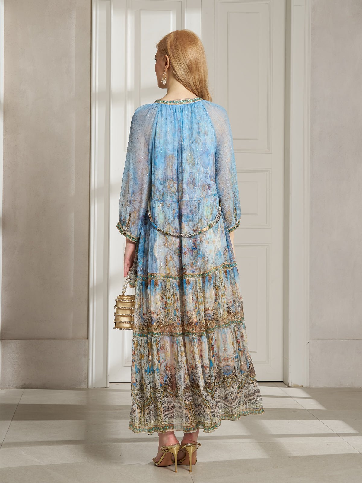 Vintage Palatial Print Tiered Silk Dress - Social Queen