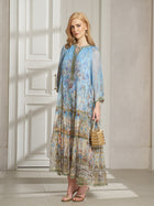 Vintage Palatial Print Tiered Silk Dress - Social Queen