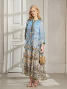 Vintage Palatial Print Tiered Silk Dress - Social Queen