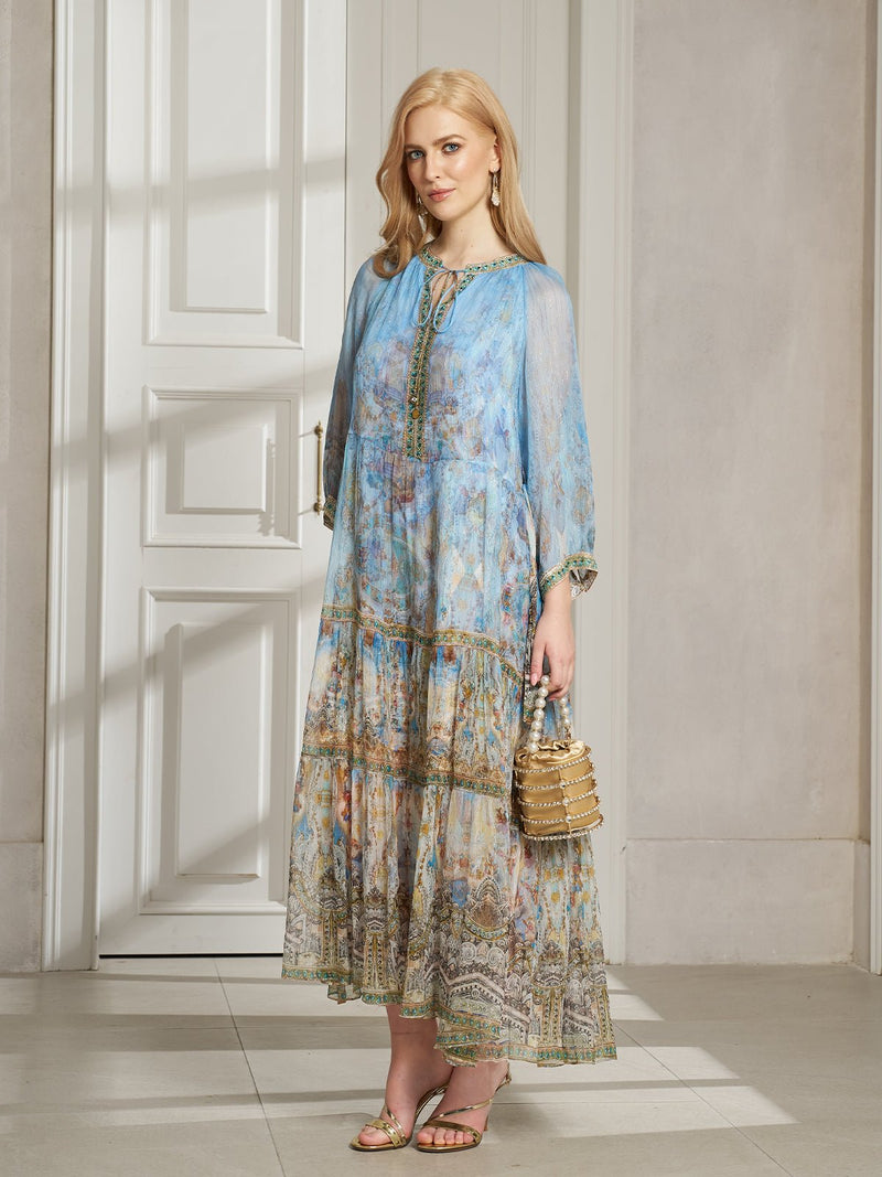 Vintage Palatial Print Tiered Silk Dress - Social Queen