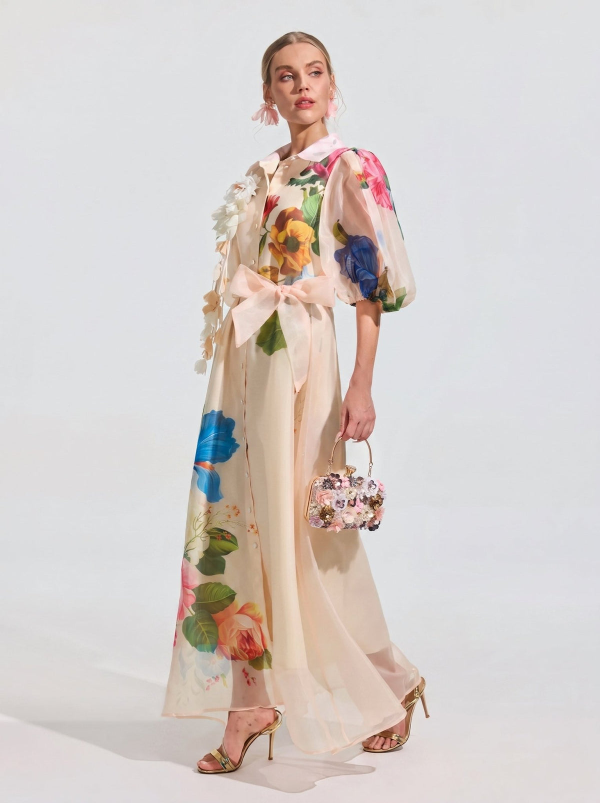 Watercolor Floral Print Appliqué Dress - Social Queen