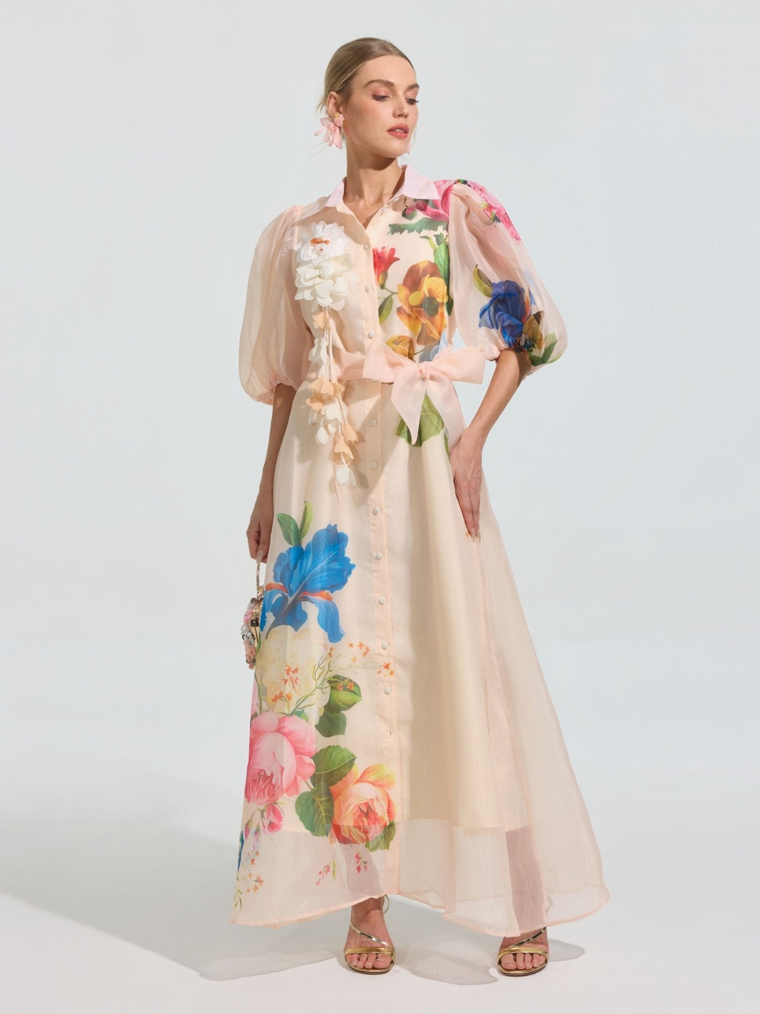 Watercolor Floral Print Appliqué Dress - Social Queen