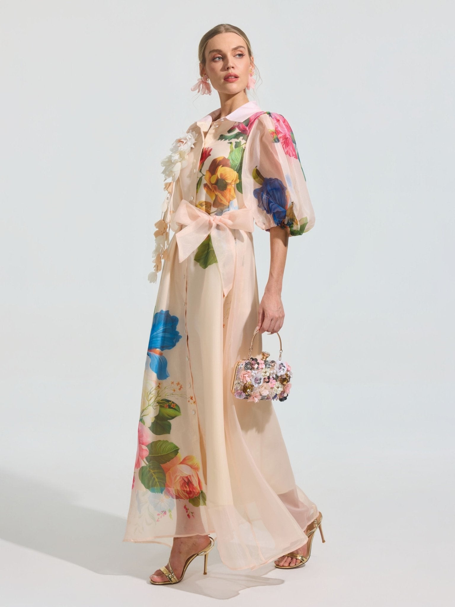 Watercolor Floral Print Appliqué Dress - Social Queen