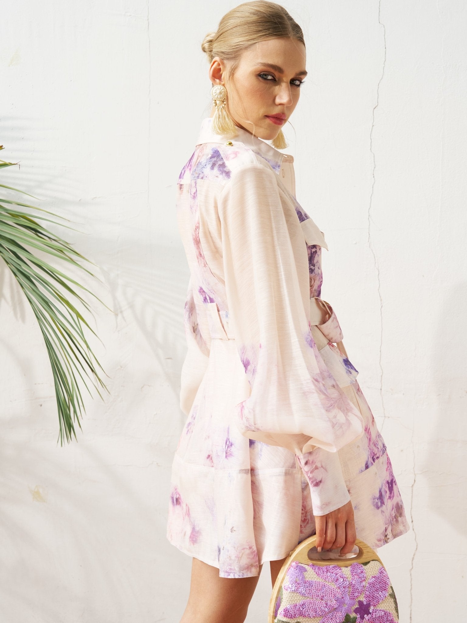 Watercolor Floral Ramie Shirt Dress - Social Queen