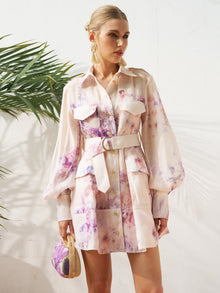 Watercolor Floral Ramie Shirt Dress - Social Queen