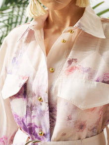 Watercolor Floral Ramie Shirt Dress - Social Queen