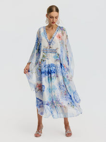Watercolor Print Mulberry Silk Cape Dress - Social Queen