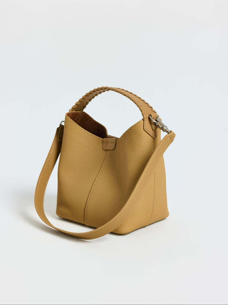 Woven Handle Pebbled Leather Bucket Bag - Social Queen