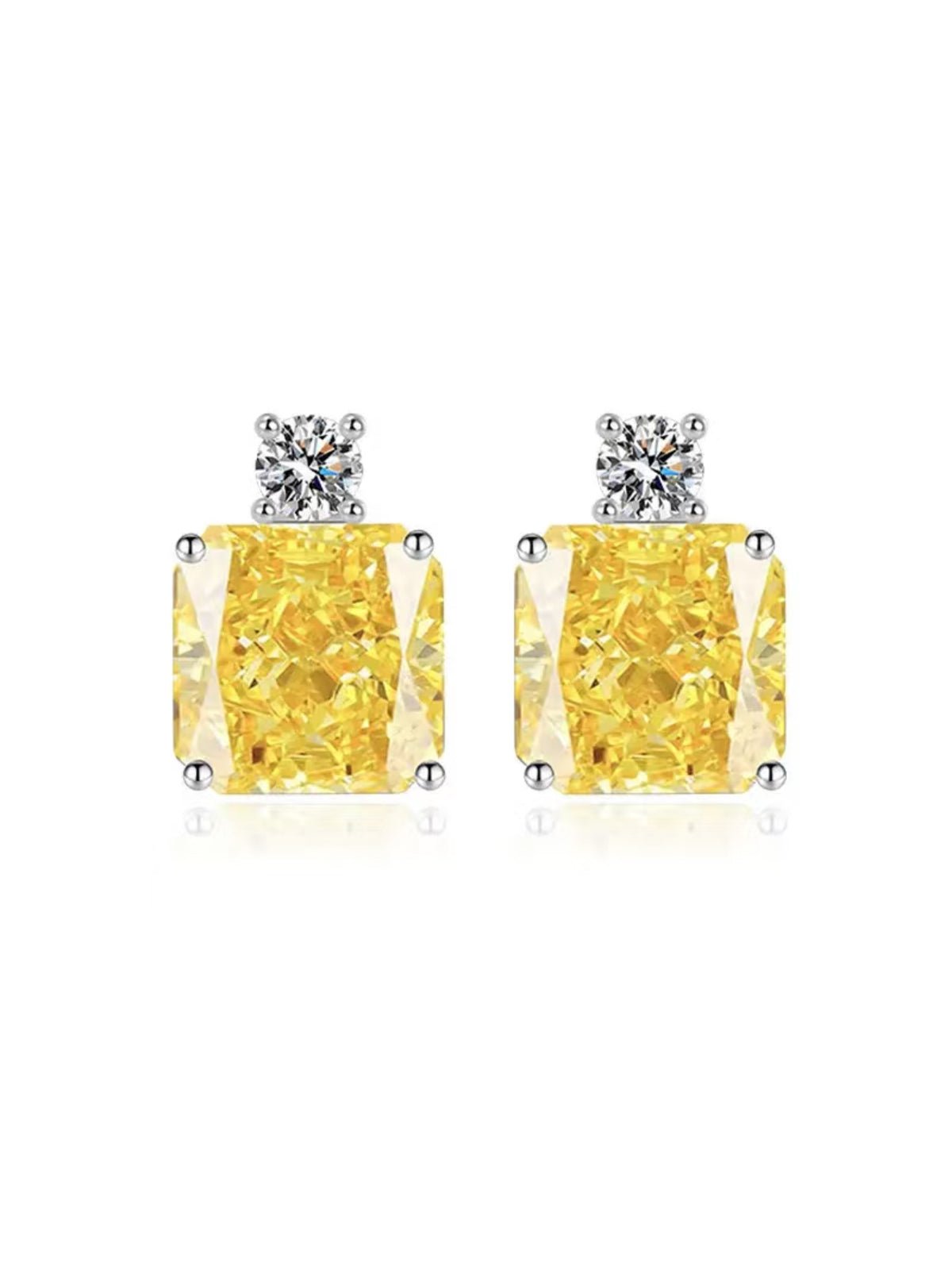 The Social Queen Yellow Crystal Stud Earrings feature rectangular yellow crystals in prong settings with small round white stones, making them elegant wedding guest jewelry for any outfit.